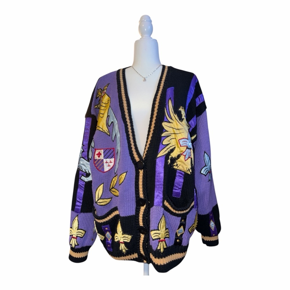 VTG Absolutely NO! Avant Garde Crest‎ Cardigan Embroidered Art-To-Wear Knit OS